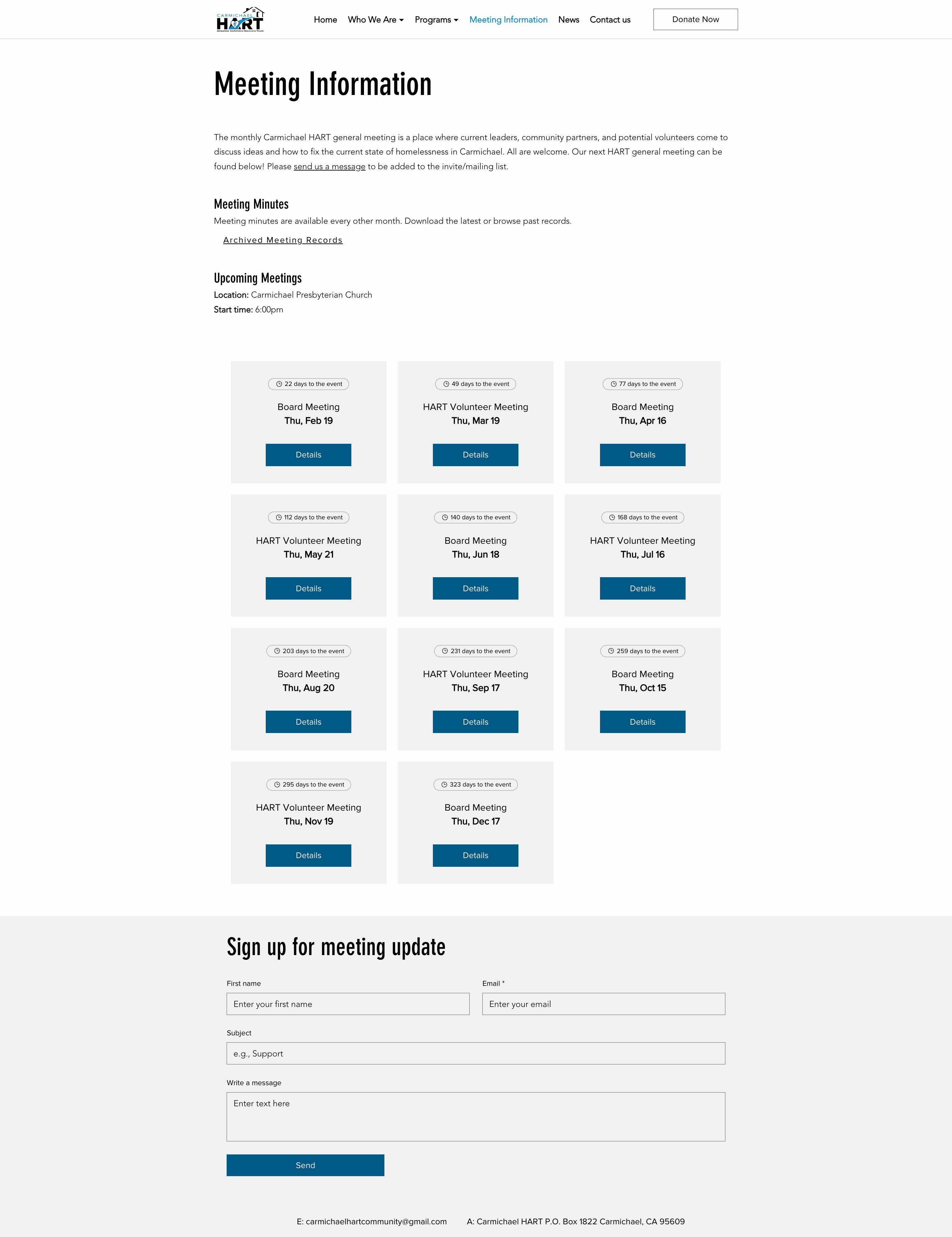 Redesigned meeting information page with an automated countdown card for each upcoming meeting, an archived records link, and a signup form
